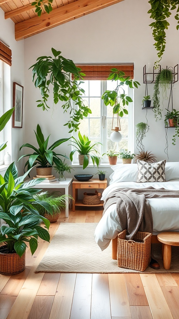 A cozy guest bedroom filled with indoor plants, featuring a bed with a soft blanket, wooden accents, and a bright window.