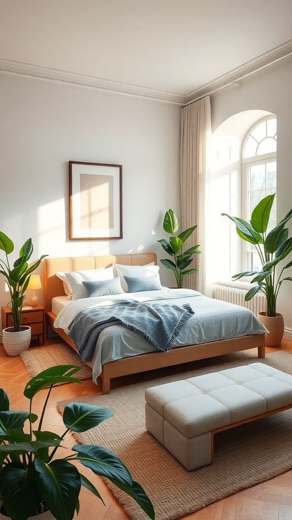 A cozy bedroom with a bed, indoor plants, and natural light
