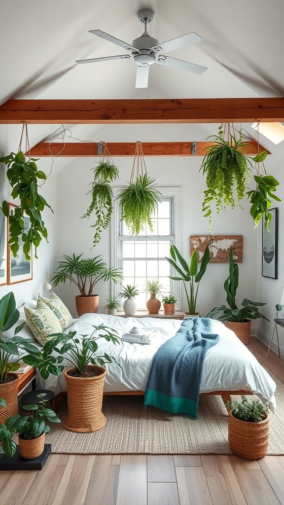 A loft bedroom filled with various indoor plants, featuring a cozy bed and natural decor elements.