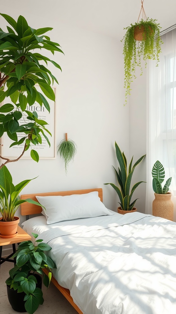 A cozy bedroom featuring various indoor plants, a wooden bed, and soft, natural light.