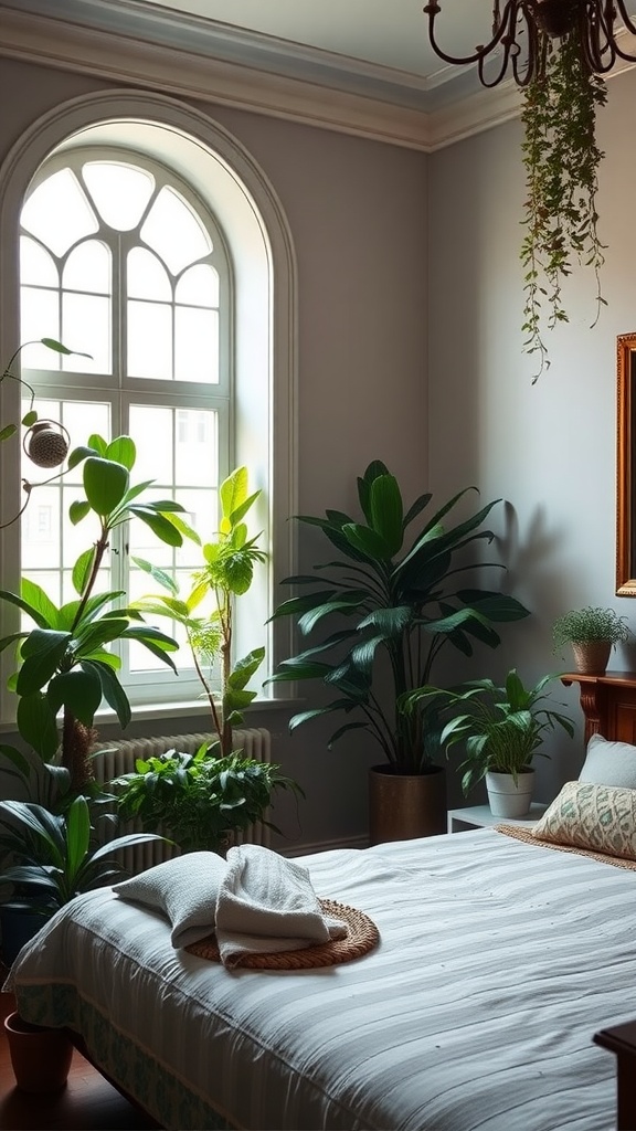 A well-lit bedroom featuring various indoor plants near a large window, creating a serene and inviting atmosphere.