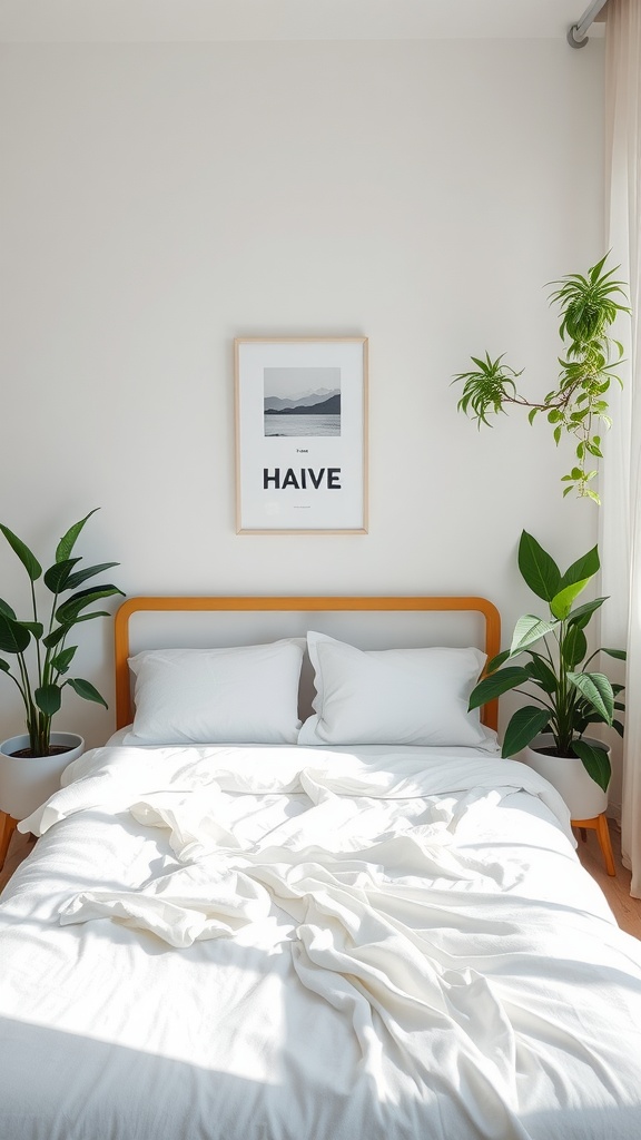 A minimalist bedroom featuring a bed with white linens and indoor plants on either side, creating a fresh and inviting atmosphere.