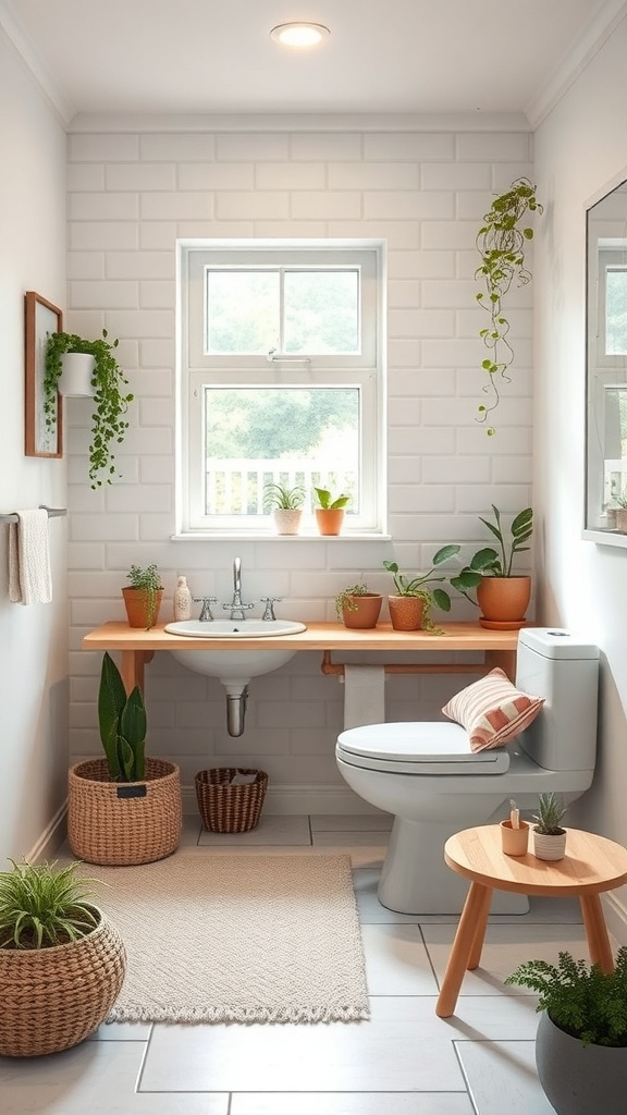 A bright bathroom with plants, wooden accents, and a clean design.