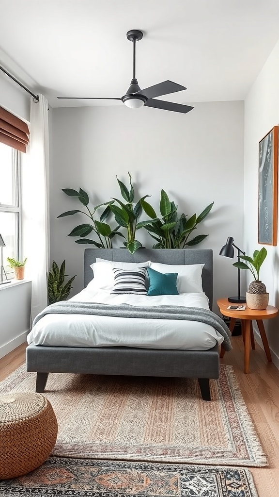A small masculine bedroom featuring a bed, plants, and a cozy rug.