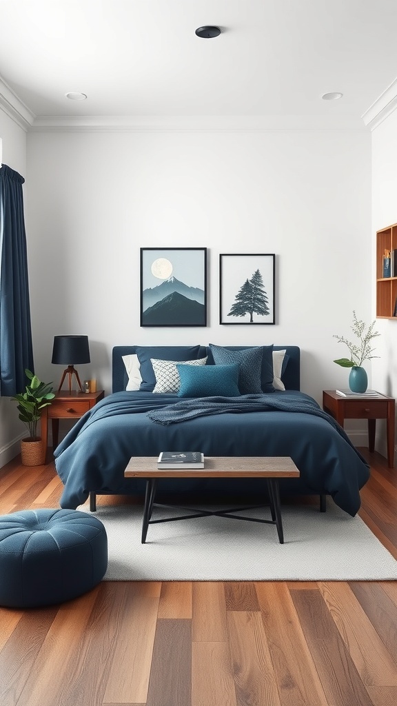 A cozy bedroom featuring navy blue bedding, curtains, and decor, with light wood flooring and plants.