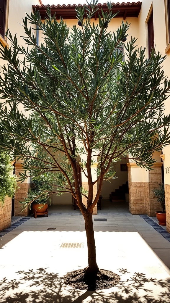 A beautiful olive tree in a Mediterranean courtyard garden