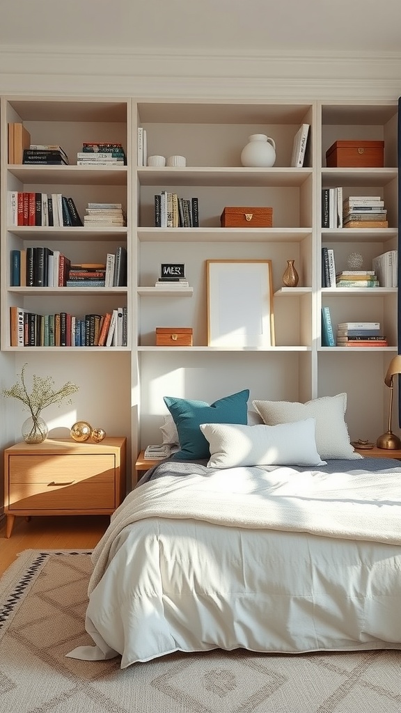 A cozy bedroom featuring open shelving filled with books and decorative items, creating a stylish and organized space.