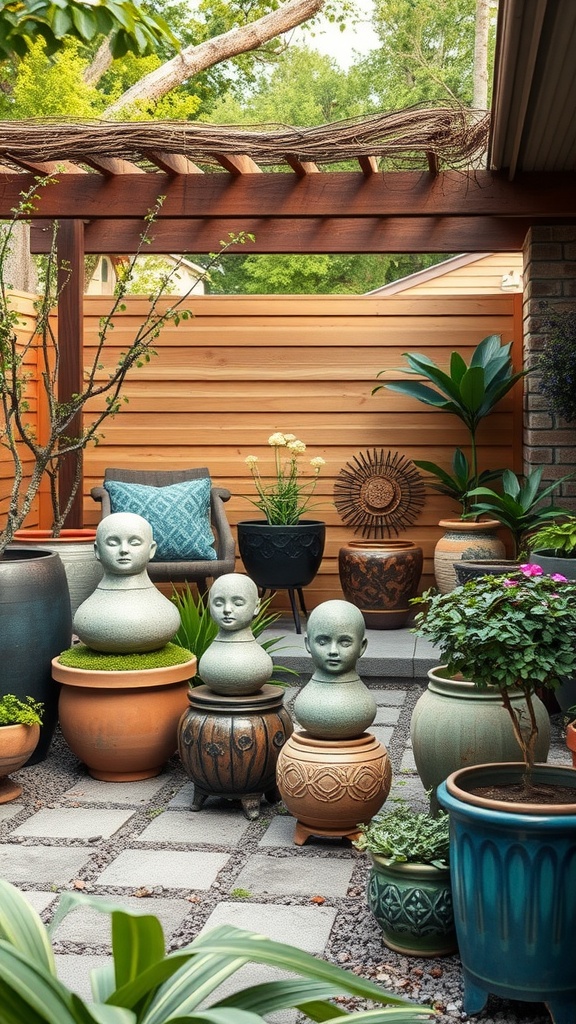 A backyard garden with artistic planters, greenery, and a cozy seating area.