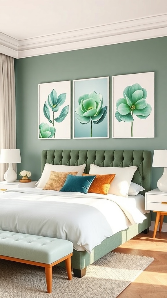 A cozy bedroom featuring pastel green walls and three floral artworks above the bed.
