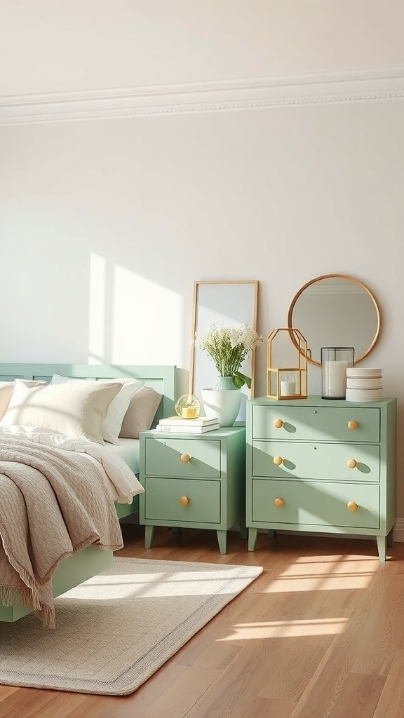 A pastel green bedroom featuring a bed, nightstands, and decor.
