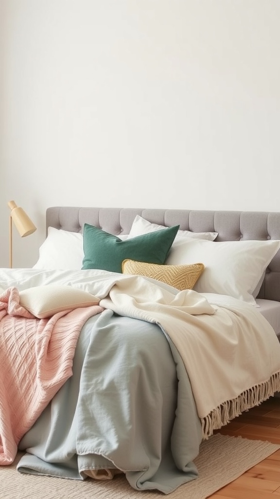 Cozy pastel bedroom with a mix of soft pink, blue, and cream textiles on the bed.