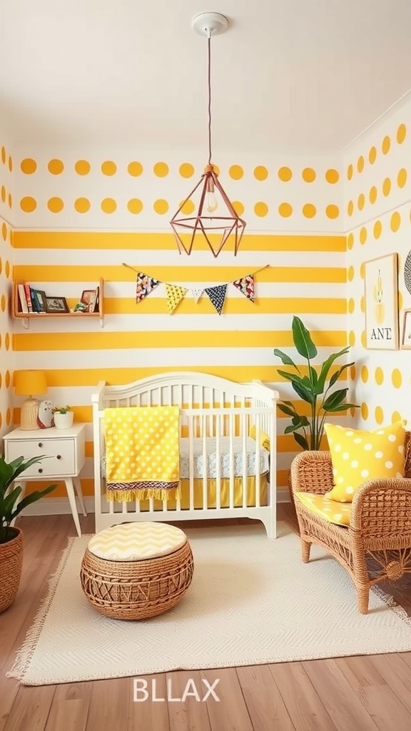 A bright yellow nursery with striped and polka dot walls, featuring a crib, a cozy armchair, and playful decor.