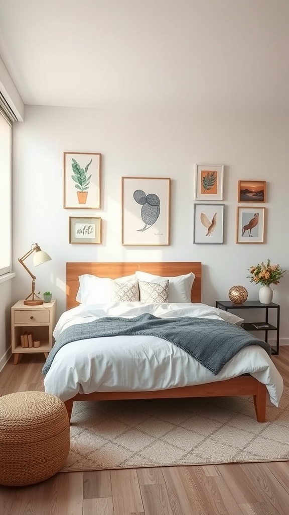 A cozy bedroom featuring a wooden bed, decorative pillows, and framed artwork on the wall.
