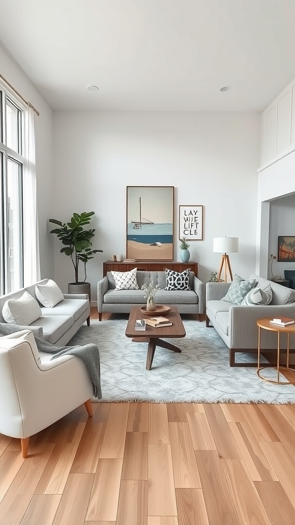 A bright open concept living room with gray sofas, a wooden coffee table, and personal artwork on the walls.