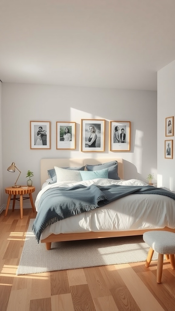 A bedroom with a bed, decorative pillows, and a wall of framed photographs.