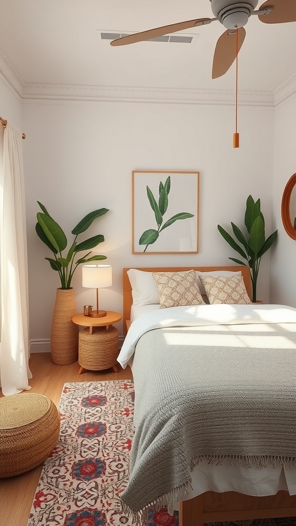 Cozy guest bedroom with plants, a bed, and warm lighting