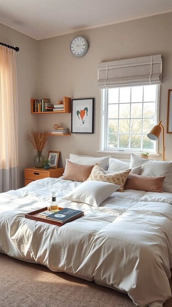 A cozy bedroom with a bed, decorative pillows, a tray with a drink, and shelves displaying books and art.