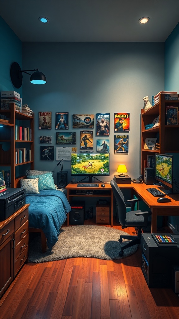 A cozy gamer bedroom featuring two monitors, a comfortable bed, and gaming posters on the wall.