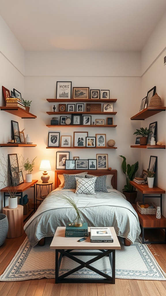 Cozy bedroom with shelves displaying framed photos and personal items.