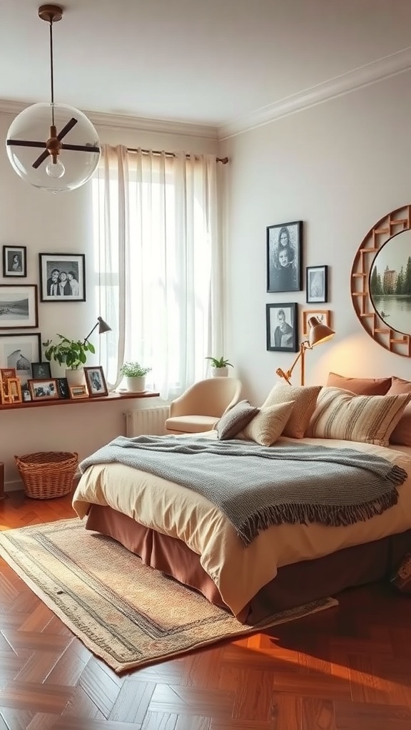 A cozy maximalist bedroom featuring a bed with a blanket, framed photos on the wall, and plants on the windowsill.