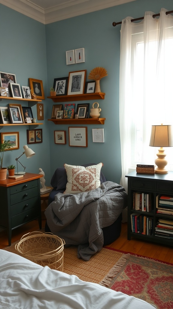 Cozy guest bedroom corner with blue walls, framed art, and a comfortable chair