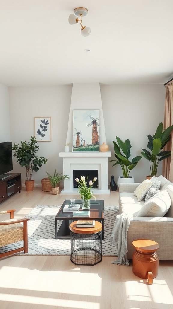 A cozy living room featuring a sofa, chairs, a coffee table, plants, and art on the walls.