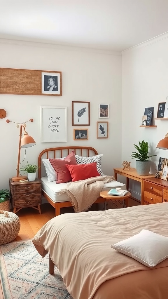 Cozy mom bedroom with personal touches, including plants, framed photos, and warm textiles.