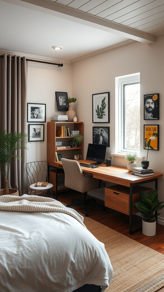 Cozy small home office with a desk, computer, plants, and framed artwork on the walls.