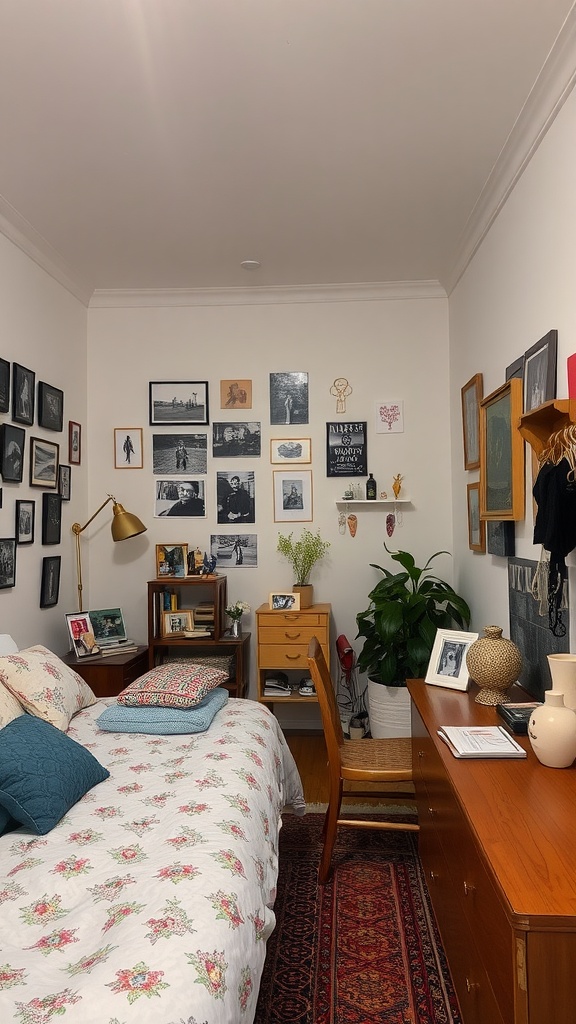 A cozy bedroom featuring a bed with floral bedding, an array of framed photos on the wall, a desk, and a plant, creating a warm and inviting atmosphere.