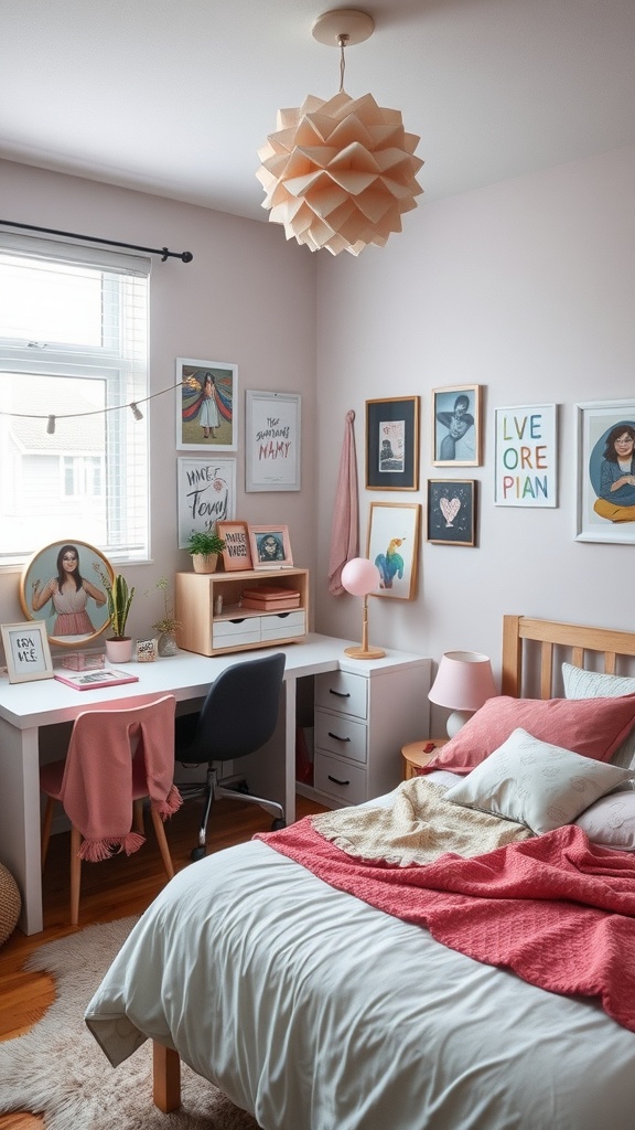 A cozy pink and grey bedroom with a desk, decorations, and layered bedding.