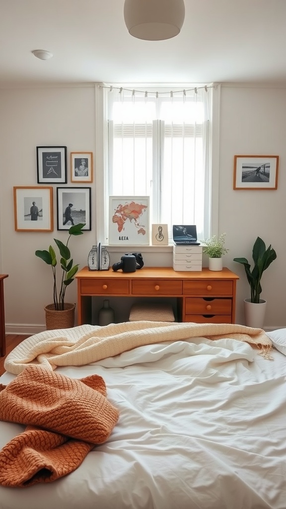 A cozy clean girl bedroom with a neatly made bed, warm throw, simple decor, and plants.