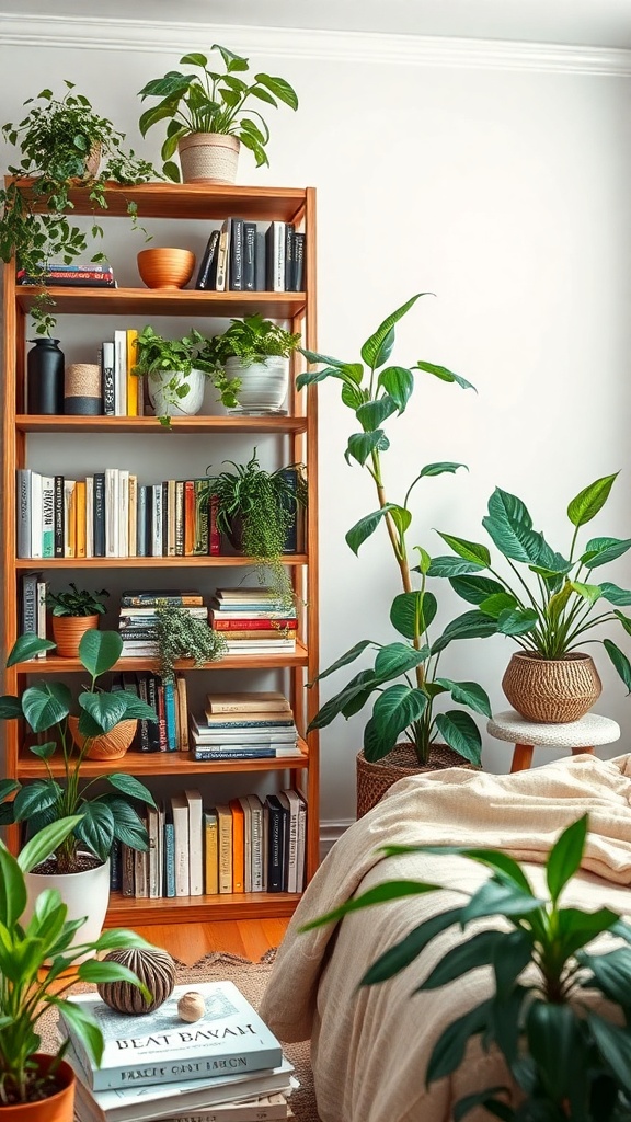 A living room bookshelf with various plants and books, creating a cozy atmosphere.