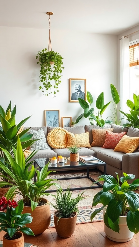 A cozy family room with various indoor plants, a comfortable couch, and decorative cushions.