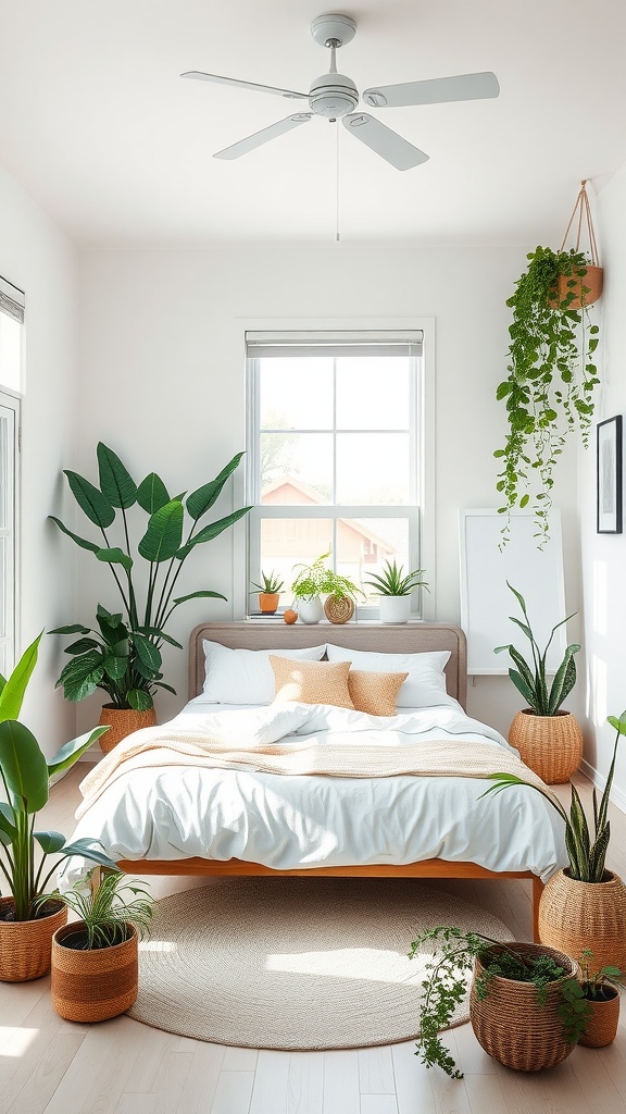 A clean and fresh bedroom with various plants, a bed with white linens, and a natural light-filled window.