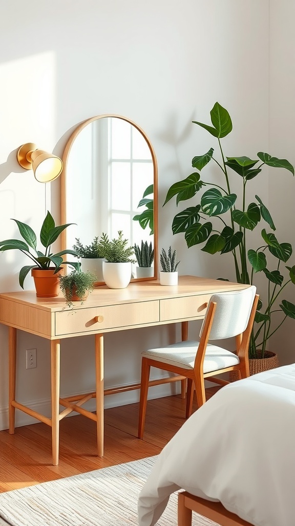 A wooden vanity desk with plants and a mirror in a bright bedroom
