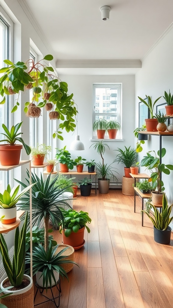 Indoor plants in a well-lit bedroom with wooden flooring and various pots.