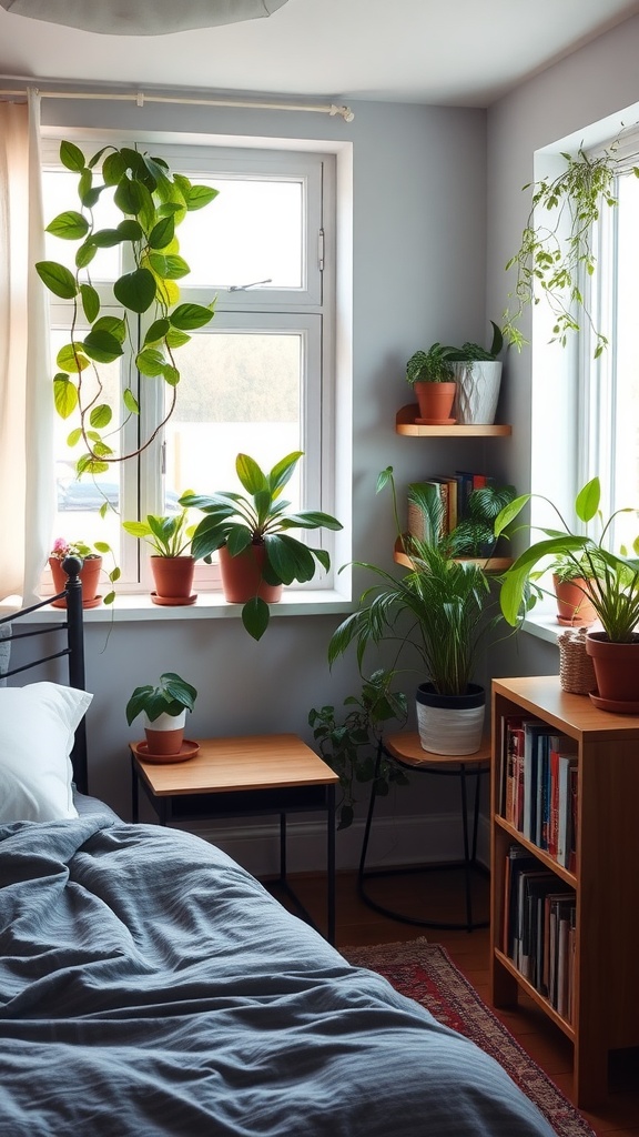 A cozy small bedroom with various houseplants on the windowsill and shelves, featuring a bed with gray bedding and wooden furniture.