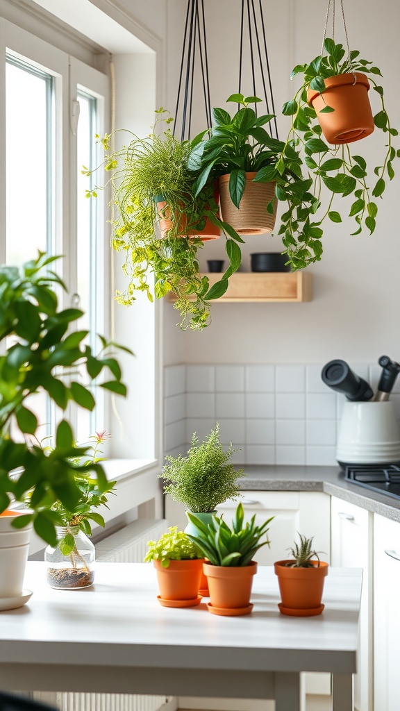 A bright kitchen with hanging plants and potted greenery on the table.