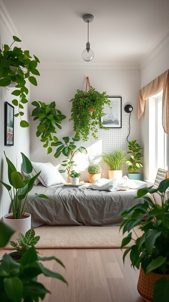 A cozy tiny bedroom filled with various plants, showcasing a fresh and inviting atmosphere.