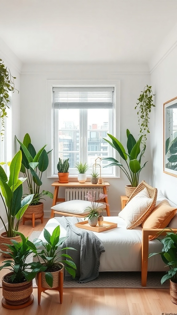 A cozy tiny apartment filled with various indoor plants, showcasing a fresh and inviting atmosphere.