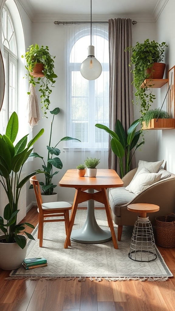 A small living room dining room combo featuring plants, a wooden table, and cozy seating.