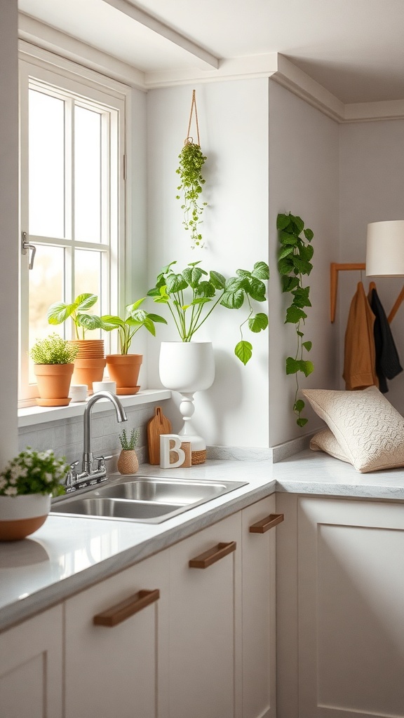 A cozy kitchen corner with various potted plants on the windowsill and hanging from the ceiling, creating a fresh and inviting atmosphere.
