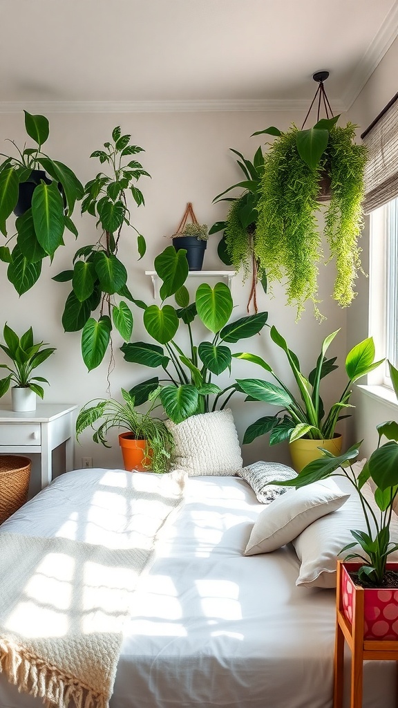 A cozy bedroom filled with various green plants, featuring a bed with soft bedding and a bright atmosphere.