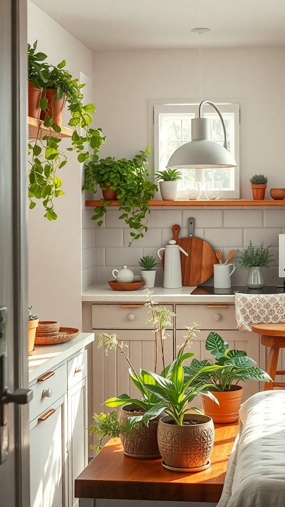 A small kitchen with various plants on shelves and a table, creating a fresh atmosphere.
