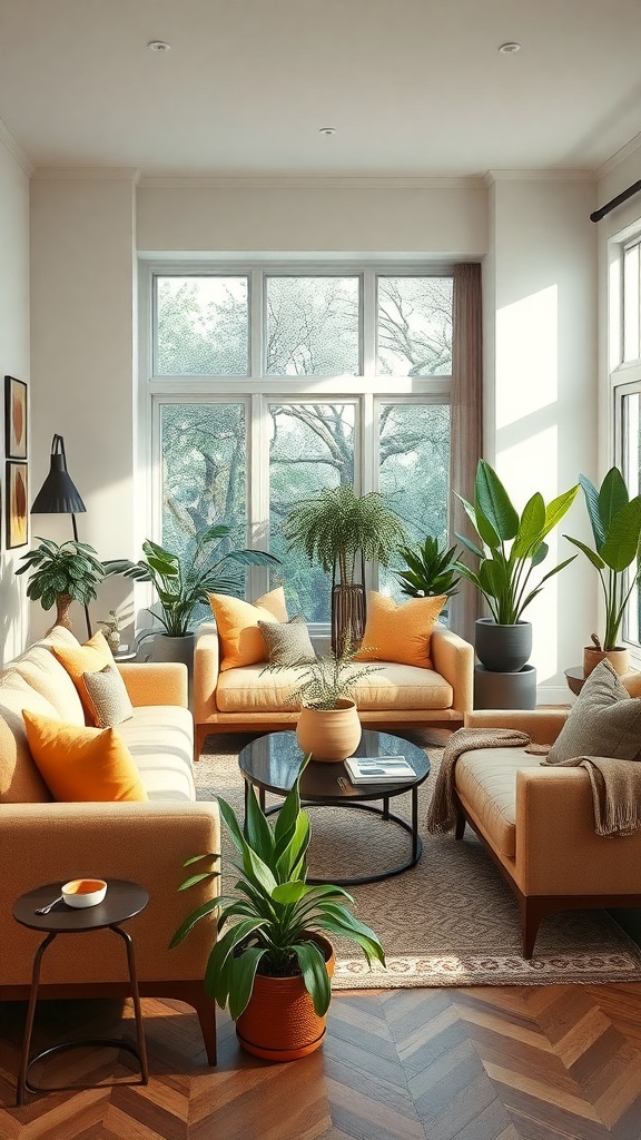 A bright living room with plants, warm-colored sofas, and large windows.