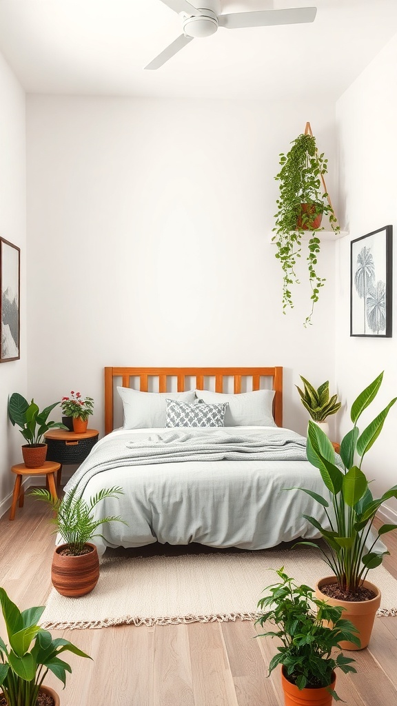 A small bedroom with a wooden bed, light bedding, and various plants in pots, creating a fresh and inviting atmosphere.