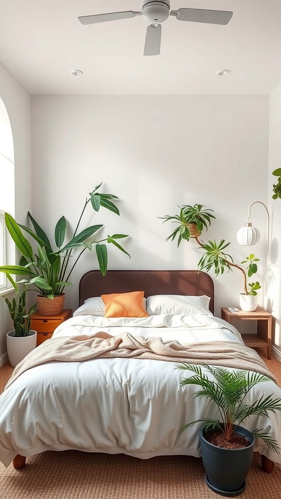 A small bedroom with a king bed, decorated with various indoor plants, creating a fresh and inviting atmosphere.