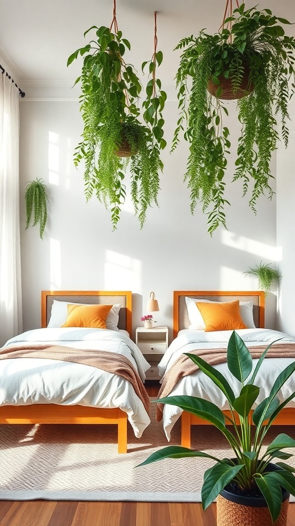A shared bedroom with two twin beds and hanging plants for a fresh look.