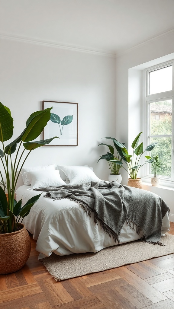 A small rectangular bedroom featuring a bed with white bedding, a gray throw blanket, and several indoor plants in decorative pots.