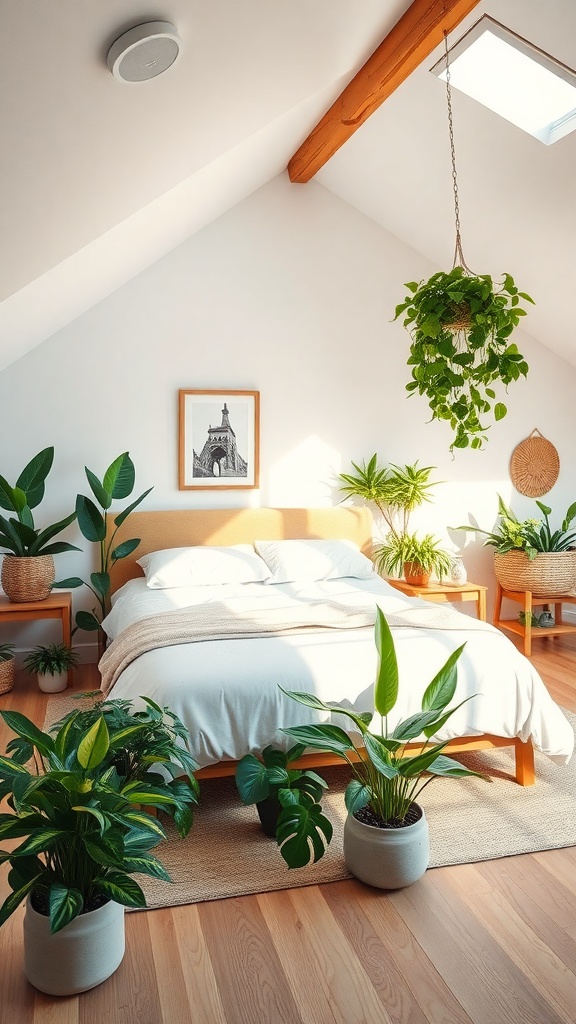 A bright bedroom with a sloped ceiling featuring various indoor plants, a bed, and wooden accents.